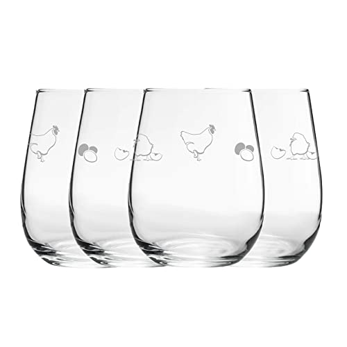 Engraved Chicken Pattern Stemless Wine Glasses, Set of Four 12oz/360ml Gaia Glasses, Laser Engraved in The UK, Gift for Her, Gift for Mum, Grandma, Mothers Day, Birthday