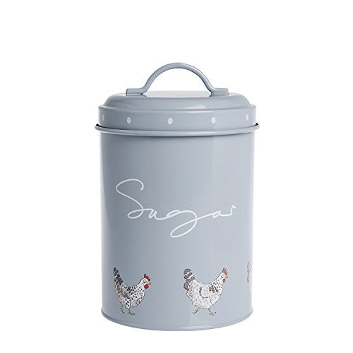 Sophie Allport - Sugar Canister, Chicken Print Storage Tin, Galvanised Steel, 15cm High, Sage Grey, Kitchen Accessories
