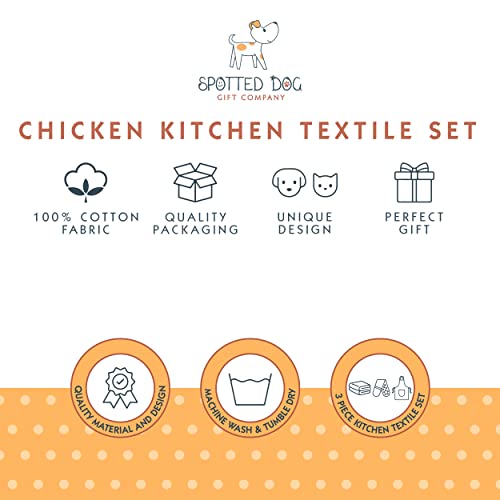 SPOTTED DOG GIFT COMPANY Tea Towel, Apron and Oven Gloves Set of 3, 100% Cotton Quality Chicken Themed Cooking Baking Kitchen Accessories, Chicken Gifts for Chicken Lovers Women Men