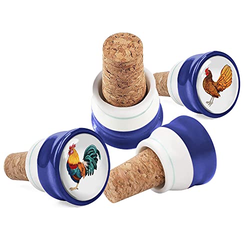 WIRESTER Set of 4 Ceramic Cork Decorative Wine Bottle Stoppers For Bar, Holiday, Party, Wedding - Chickens
