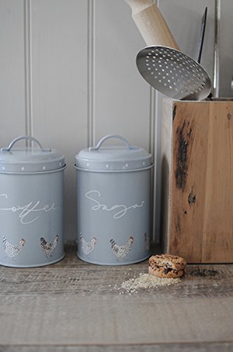 Sophie Allport - Sugar Canister, Chicken Print Storage Tin, Galvanised Steel, 15cm High, Sage Grey, Kitchen Accessories