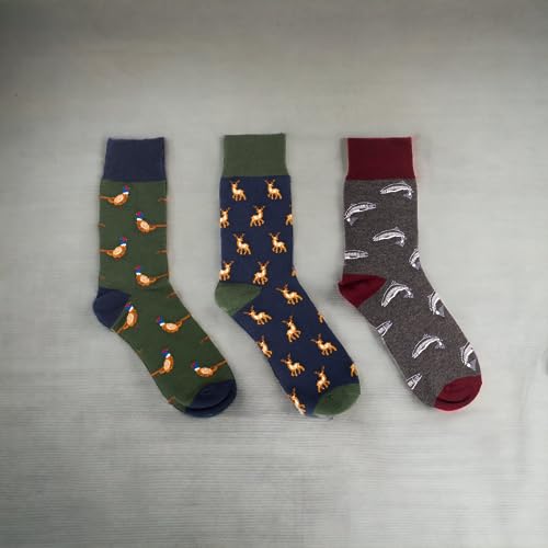 Heritage Traditions 3 Pack Socks Animal Print Design (Green, Grey, Navy), Country Style Socks For Men and Women