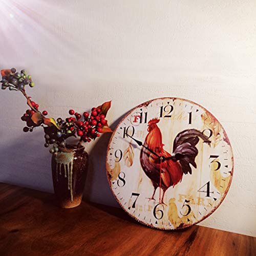 35cm Vintage Farmhouse Kitchen Wall Clocks Battery Operated Rooster Analog Clock for Dinning Living Room Decor,Thicken Wood Board,Non-Ticking