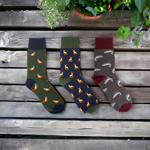 Heritage Traditions 3 Pack Socks Animal Print Design (Green, Grey, Navy), Country Style Socks For Men and Women