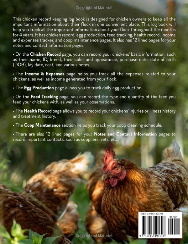 Chicken Record Keeping Log Book: A Detailed 4-Year Chicken Record Keeping Book Designed to Keep Track of Chicken Records, Daily Egg Production, Feed ... Maintenance, Income and Expenses, and More